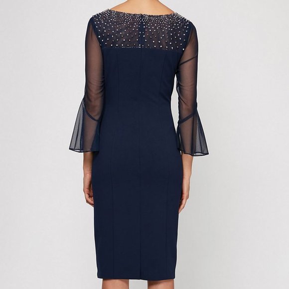 Alex Evenings Beaded Neckline Sheer Long Sleeve Navy Blue Dress - size 18 - Picture 2 of 10